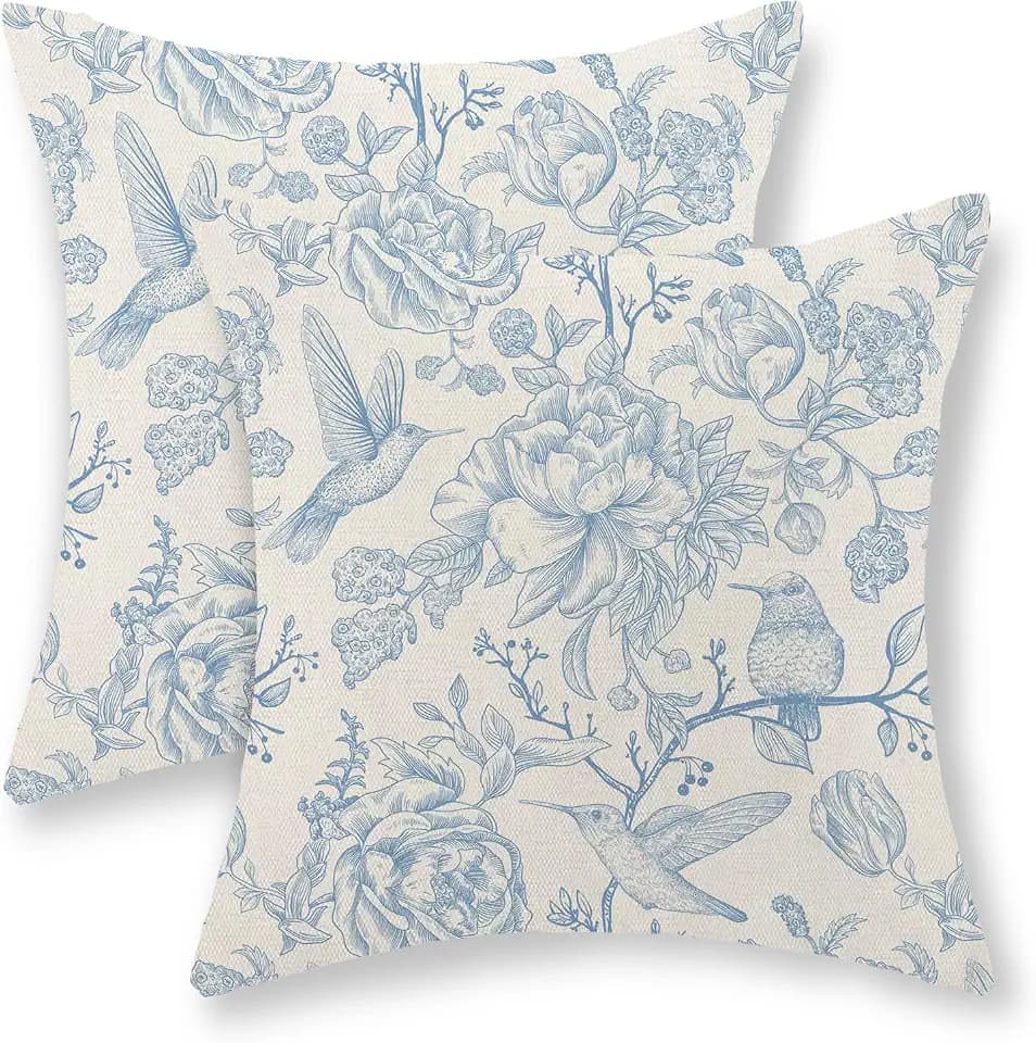 Baby Blue Pillow Covers 18x18 Set of 2 Blue and Cream Chinoiserie Bird Floral Throw Pillows Outdoor Decor Vintage Hummingbird Flower Pillow Cases Linen Decorative Cushion Case for Couch Sofa