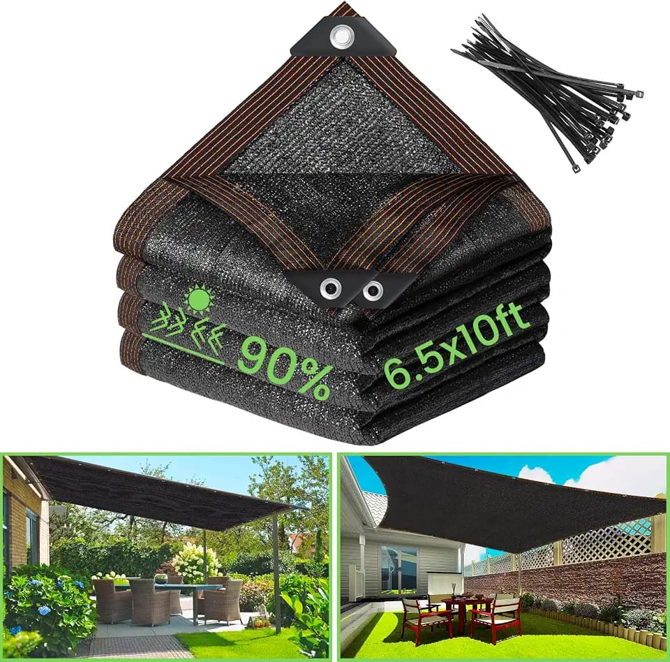 Riare 90% Black Shade Cloth- 6.5 x 10 FT Sunblock Garden Shade Cloth, Sun Shade Mesh Tarp with Reinforced Grommets for Greenhouse, Garden, Patio, Backyard, Plants, Pergola, Chicken Coop