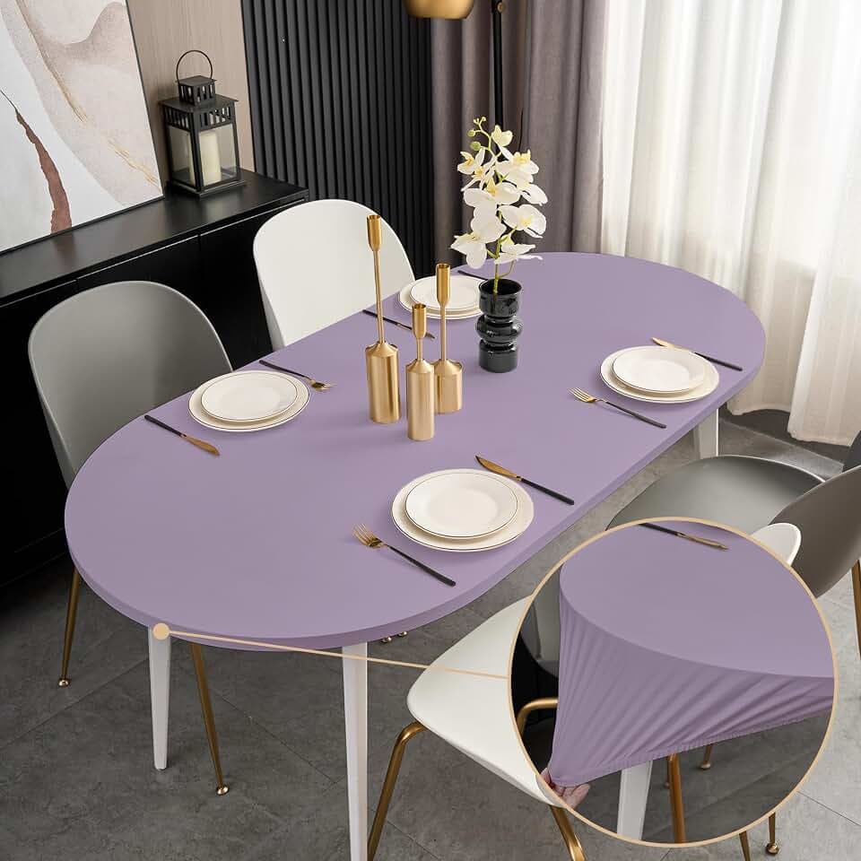 Fitted Oval Tablecloth with Elastic 48x68 Inch Outdoor Light Purple Table Cover Spandex Stretchy Solid Color Fabric Dining Table Cloth for Party Wrinkle Free Non Slip