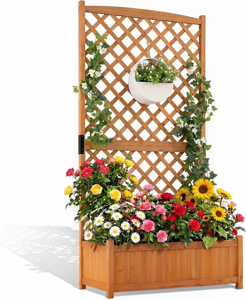 FANTASK Spalier mit Rankgitter & Drainageloch, Pflanzkasten mit Blumenkasten aus Tannenholz, Hochbeet Gartenspalier Rankkasten, Gelb