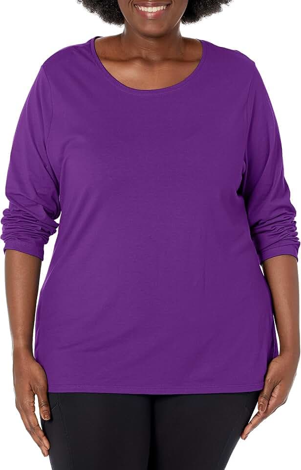 JUST My Size Women's Just My Size Plus-Size Long Sleeve Cotton T-Shirt, Scoop-Neck T-Shirts for Women