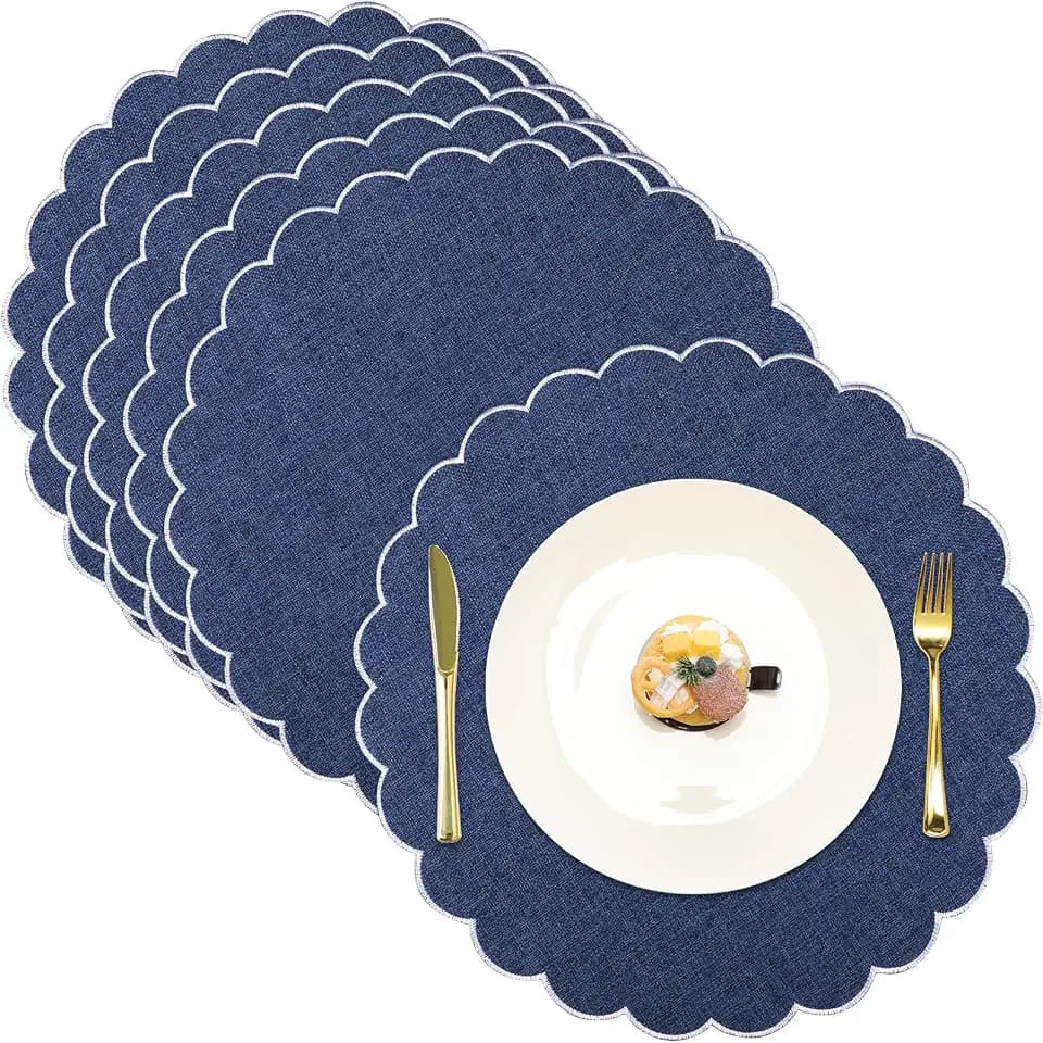 6 Pack Round Cotton Scalloped Placemats, Navy Blue/White, Classic