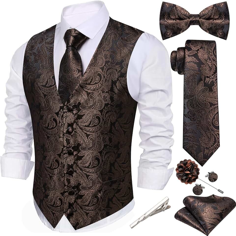 Barry.Wang Herren-Paisley-Weste, formelle Anzugwesten, Krawatte, Fliege, Set, Jacquard-Clip, Einstecktuch, Manschettenknöpfe, Anstecknadel, Hochzeit, 8 Stück