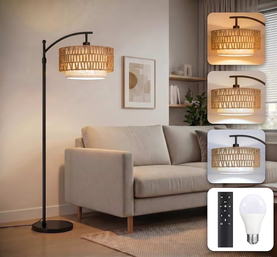 Arc Floor Lamp for Living Room with Remote, 57.5"-67" Height Adjust Dimmable Bulb Floor Lamps with 3 Color Temps, Boho Standing Lamp with Rattan & Fabric Shades, Farmhouse Tall Lamp for Bedroom Corner