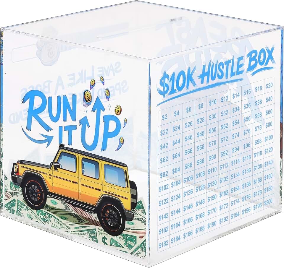 10K Smash Box Money Saving Challenge, Size Medium (5.7 inch), Clear Acrylic Piggy Bank for Adults, Break to Open Cash Vault, Cash and Coin Collection Box