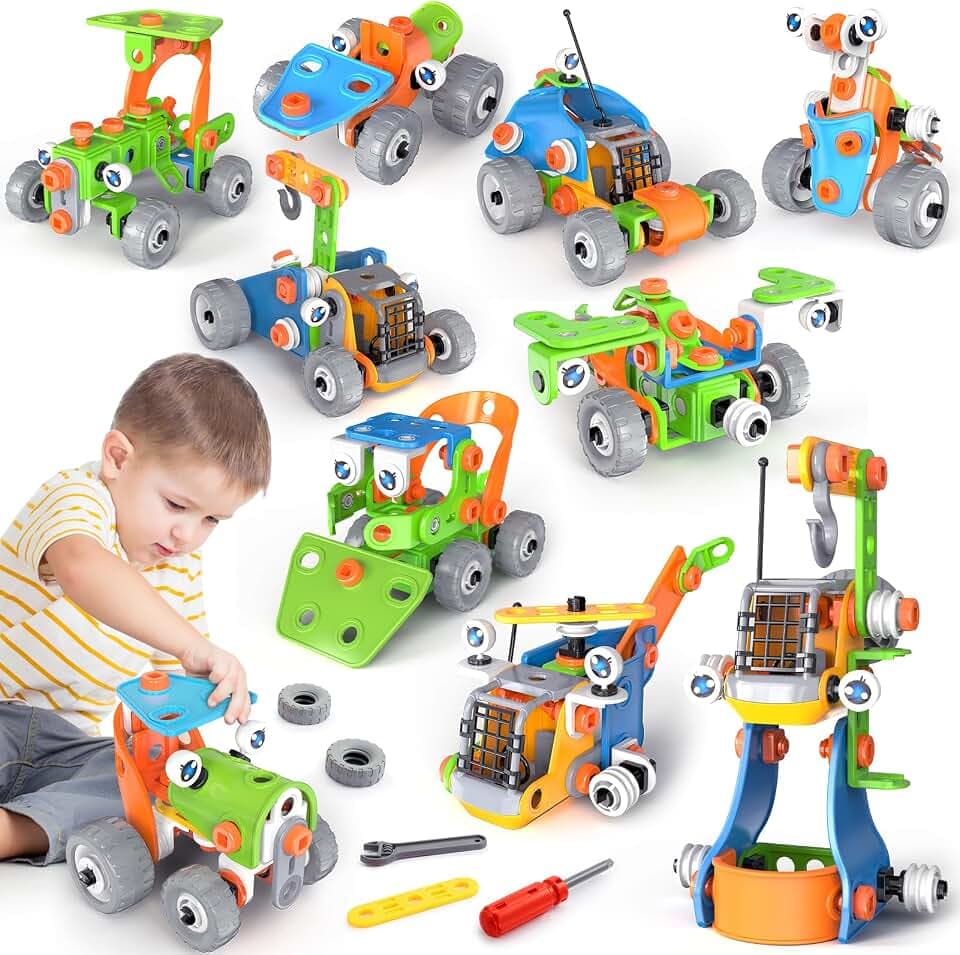 iKidiki Konstruktionsspielzeug ab 5 6 7 8 9 10 11 12 Jahre, Baukasten ab 5 6 7 8 9 Jahre Geschenk 5-10 Jahre Junge Mädchen Baustellenfahrzeuge Kinder Geburtstagsgeschenk 10 in1 STEM Lernspielzeug