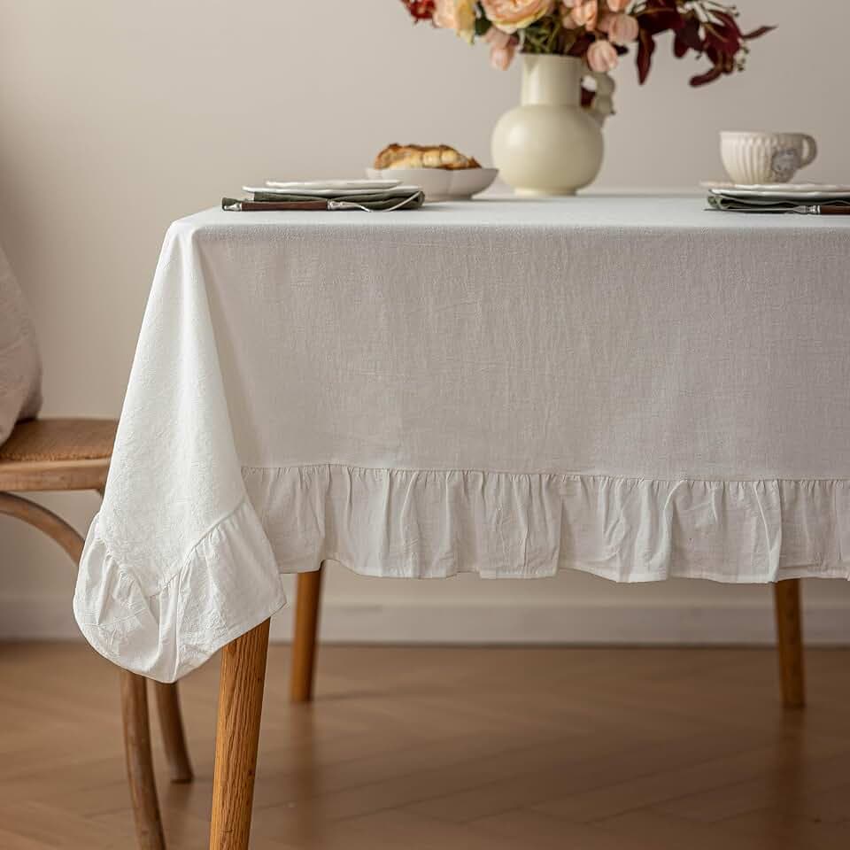 Cotton Tablecloth 60" × 102" Ruffle Trim Table Clothes Washable Rectangle Fabric Table Cloth Kitchen Dinning Tabletop Decoration for Party Wedding Events Holiday - White, 8-10 Seats