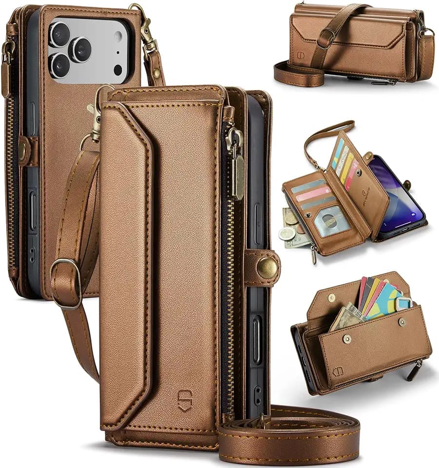 Strapurs for iPhone 17 Pro Max - Zipper Strap Wallet Case for Women, Brown