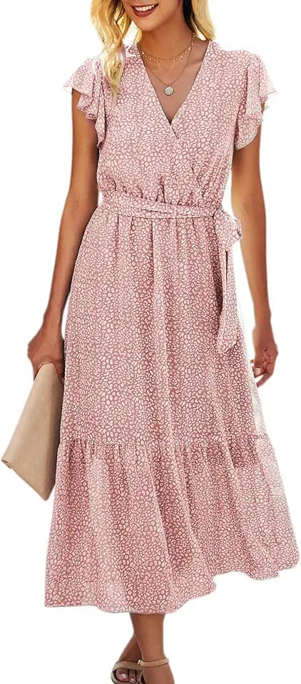 ASOMI Kleid Damen Sommer Boho: Blumen Herbst Wickelkleid Frühling Mode Lang Maxikleid V-Ausschnitt Casual Kurzarm Strandkleid Langarm Rüschen Freizeitkleid mit Gürtel 121 Rosa 40