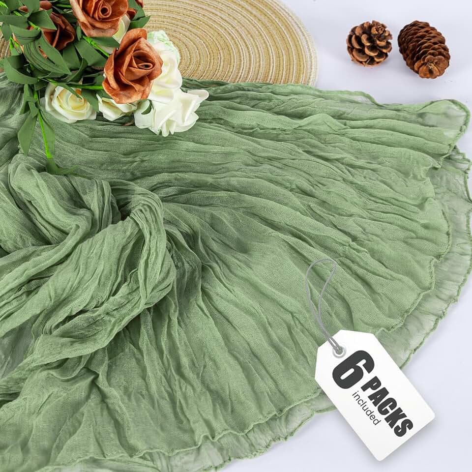 FUANGUI 6 Pack Green Table Runner 10Ft，Sage Green Table Runner 35x120 Inches for Baby Shower Wedding Birthday Decoration, Easter Cheesecloth Table Runner Boho Gauze Fabric Rustic Romantic