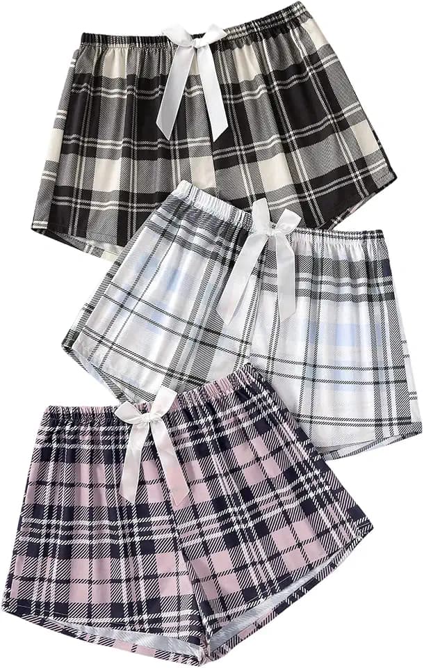 GORGLITTER Women's 3 Piece Plaid Gingham Pajama Sleep Lounge PJ Shorts