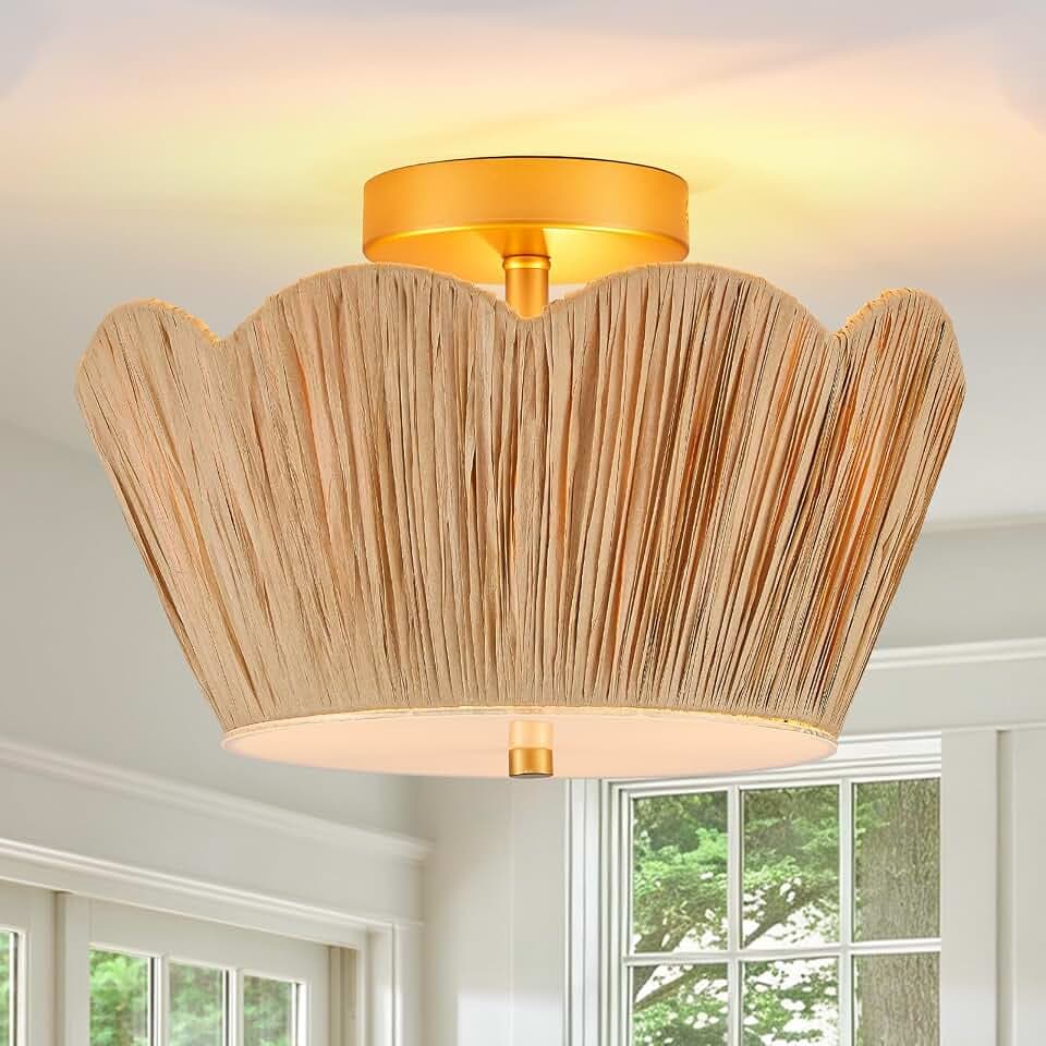 13” Boho Rattan Mini Chandelier Crown Classic Ceiling Light for Bedroom Kitchen Island Dining Room, UL Listed