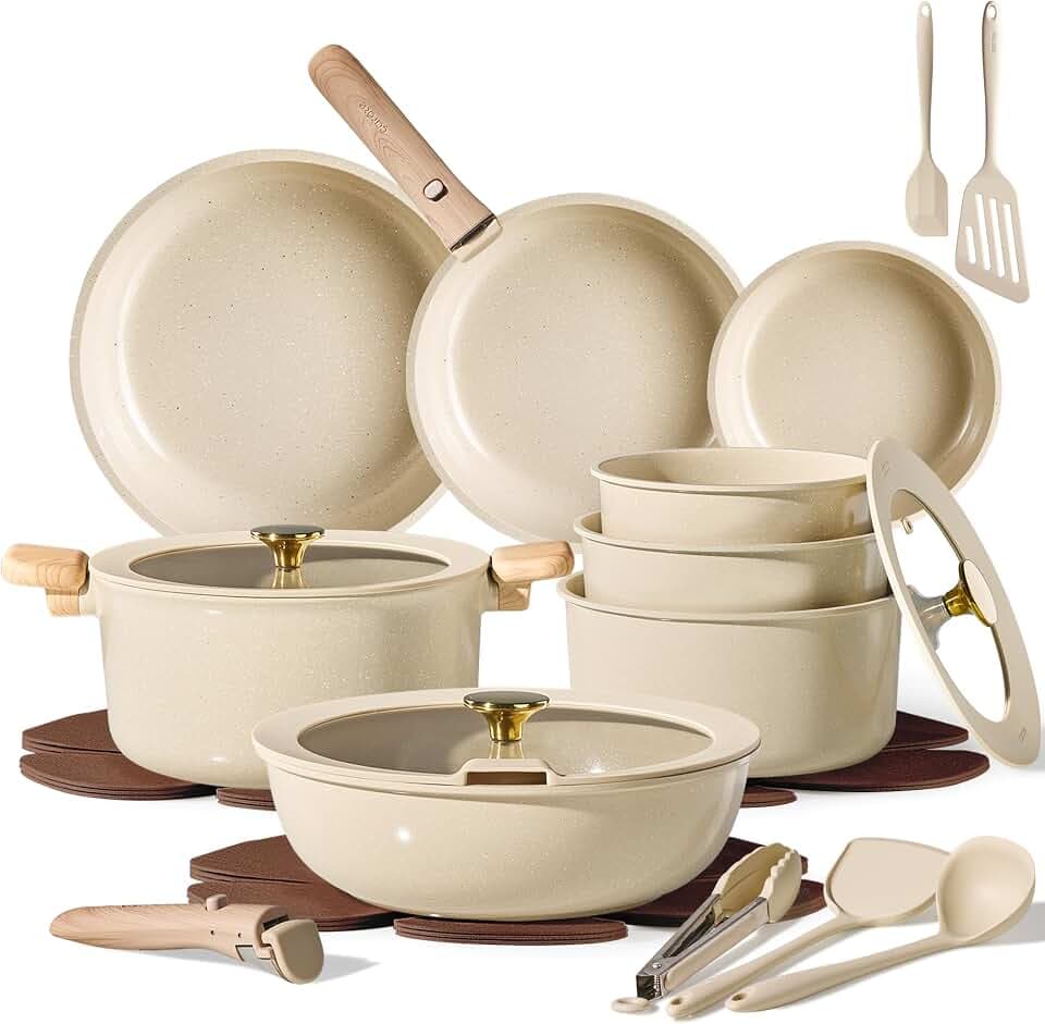 CAROTE 25pcs Ceramic Cookware Set, Pots and Pans Set with Detachable Handle