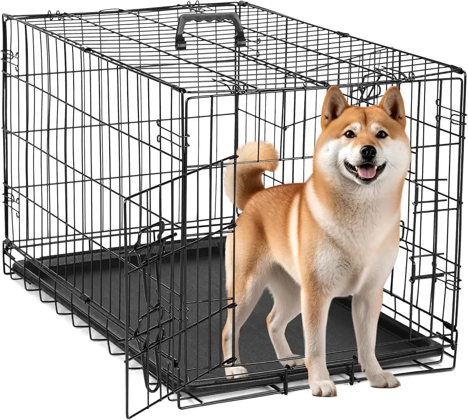 Simple Deluxe 76,2 cm mittelgroße Hundebox mit Trennwand, Doppeltür, zusammenklappbarer Metalldrahtkäfig mit auslaufsicherer Kunststoffschale, tragbare Haustierhütte für drinnen und draußen und auf