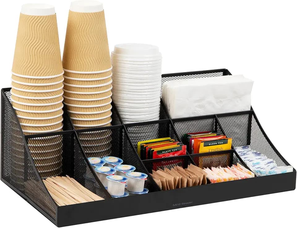 Mind Reader Network Collection, 11-Compartment Coffee Cup and Condiment Countertop Organizer, Metal Mesh, 17.875" L x 9.5" W x 6.625" H, Black