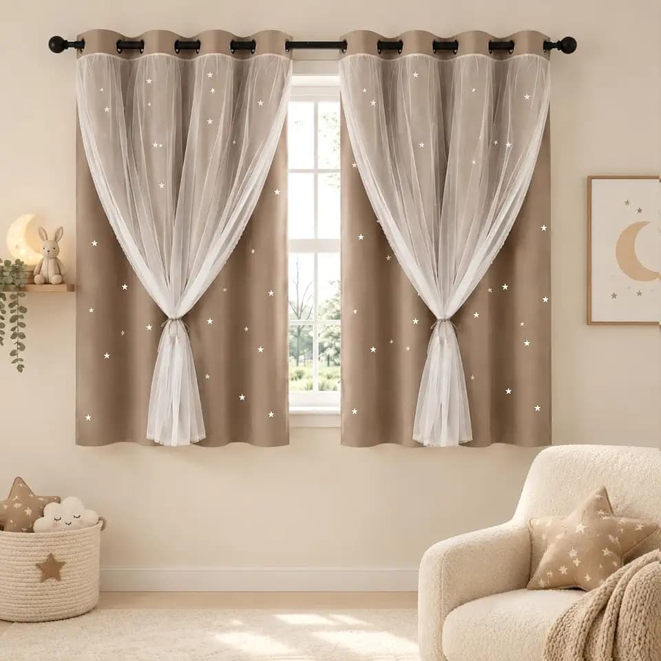 Coffee Kids Star Cutout Curtains for Bedroom 52" W x 45" L 2 Panels