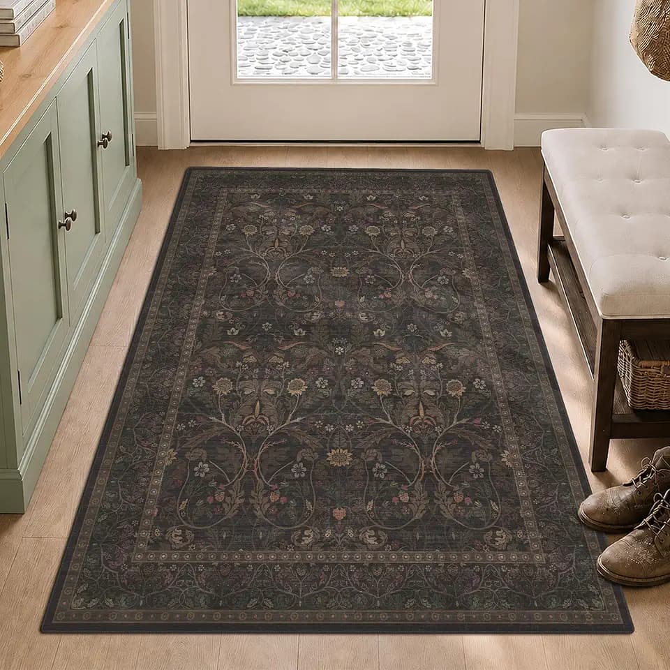 3x5 Rustic Brown Large Entry Way Area Rugs Indoor Washable - Non-Slip Low Pile Kitchen Floor Mats, Floral Botanical Bedroom Rug, Thin Waterproof Laundry Room Rugs Stain Resistant