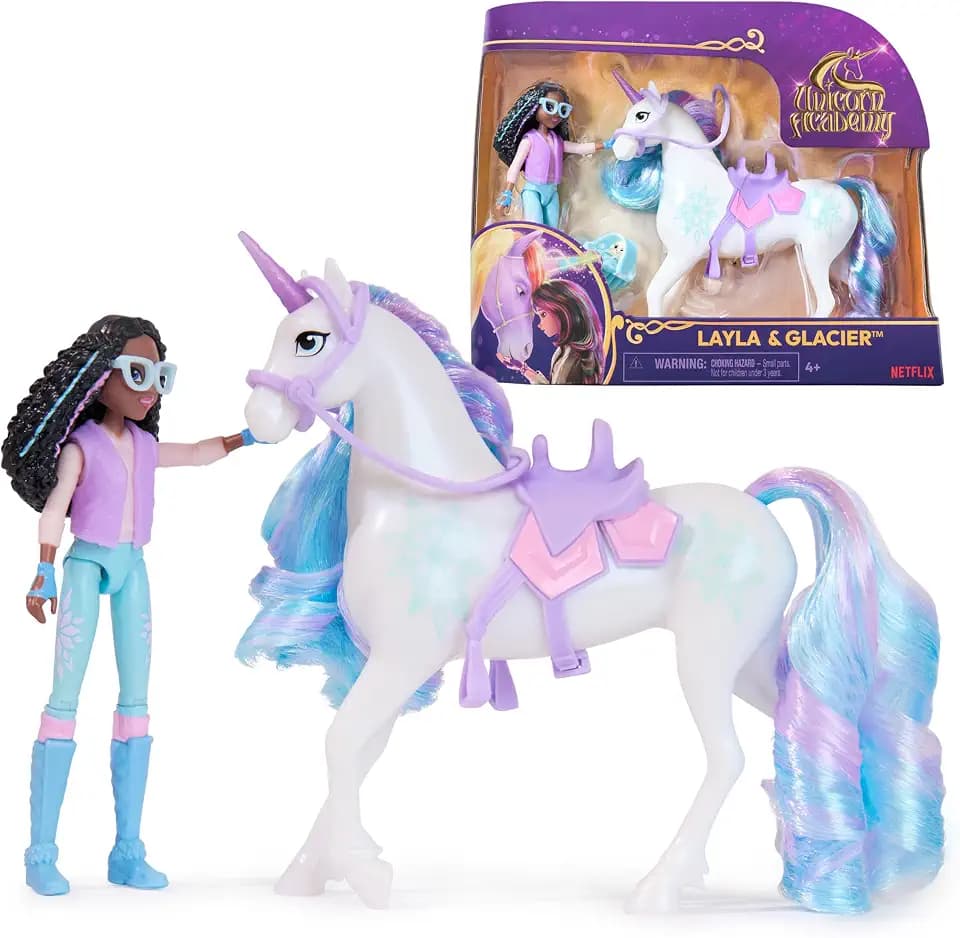 Unicorn Academy Layla und Einhorn Glacier Set - ca. 12 cm große Originalfiguren zur beliebten Netflix Serie mit Zwei Accessoires und Haarbürste für fantasievolles Rollenspiel, für Kinder ab 4 Jahren