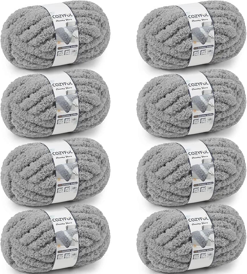 Cozyful Chunky Yarn for Hand Knitting - #10 Chunky Chenille Yarn, Jumbo Big Thick Chunky Yarns for Crocheting, Super Bulky Chunky Knit Blanket Yarns, 8 Skein (22 yds 8 oz Each Skein), Light Grey