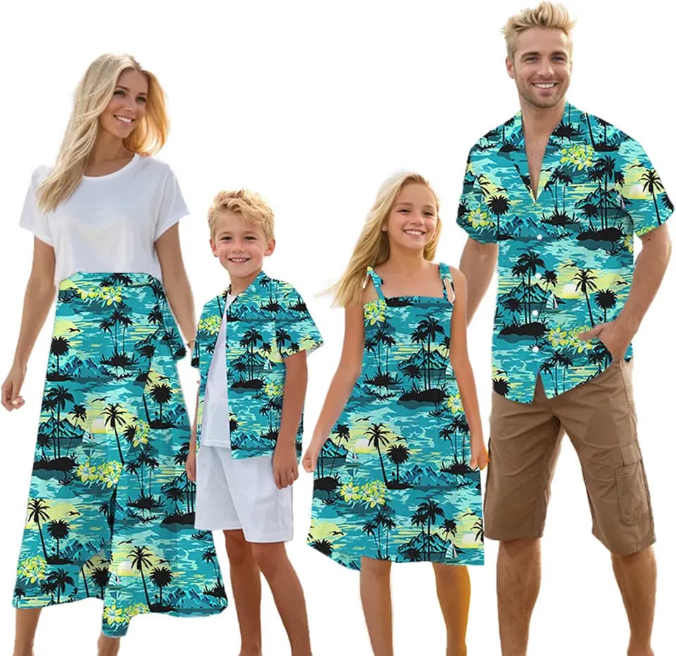 Cromoncent Matching Hawaiian Outfits for Family, Dad and Son Matching Luau Beach Tropical Shirts Mommy Daughter Tropical Sets