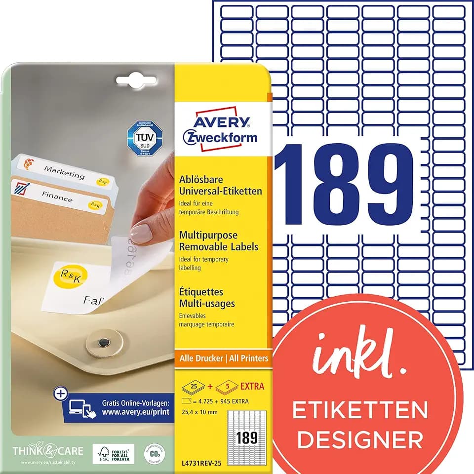 AVERY Zweckform L4731REV-25 Universal-Etiketten (4.725 plus 945 Klebeetiketten extra, 25,4x10mm auf A4, wieder rückstandsfrei ablösbar/abziehbar, bedruckbar, selbstklebende Aufkleber) 30 Blatt, weiß