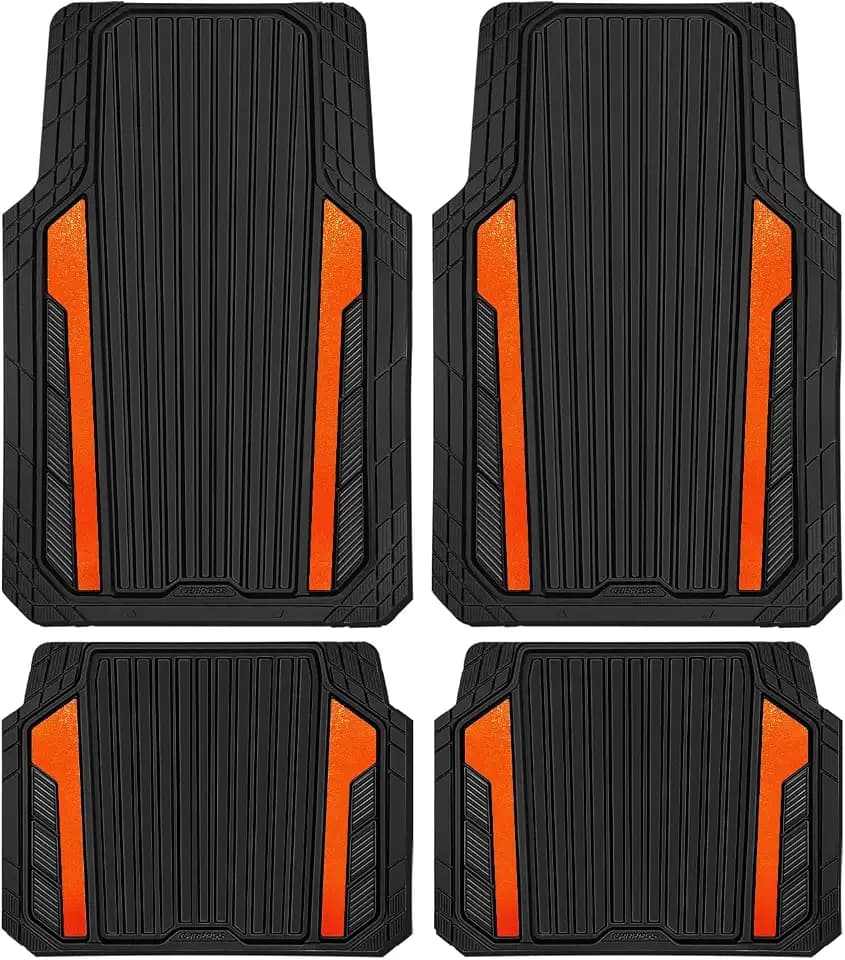 CAR PASS Heavy Duty Rubber Car Mats Metallic, Aluminum Film All Weather Floor Mats Waterproof Universal Trim to Fit SUVs Sedans Vans 4 Piece Anodized Deep Dish Two-Tone Sporty Black Orange Chrome