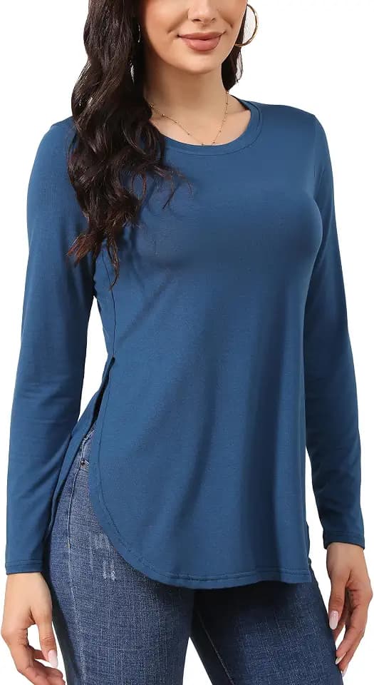 BUENOS NINOS Womens T Shirts Casual Basic Crew Neck Tees Short/Long Sleeve Tunic Tshirt Tops with Side Split Slit