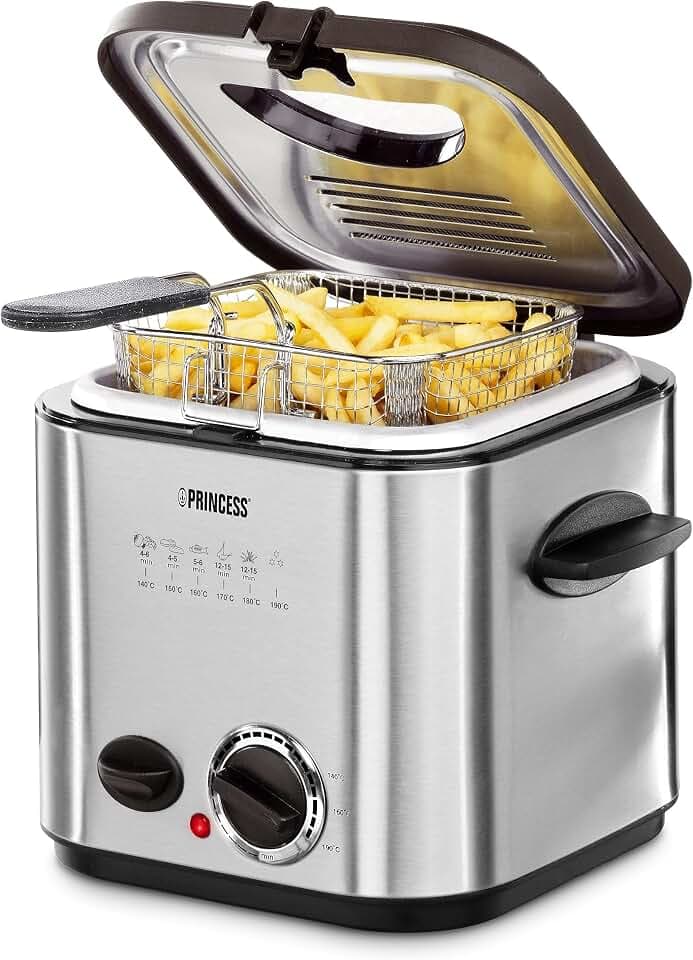 Princess 182611 Mini-Fritteuse mit Fondue – schnelle Erwärmung – Geruchsfilter – 1,2 Liter Inhalt, Silber