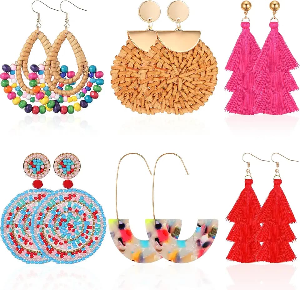 Hicarer 6 Pair Boho Rattan Earrings for Women