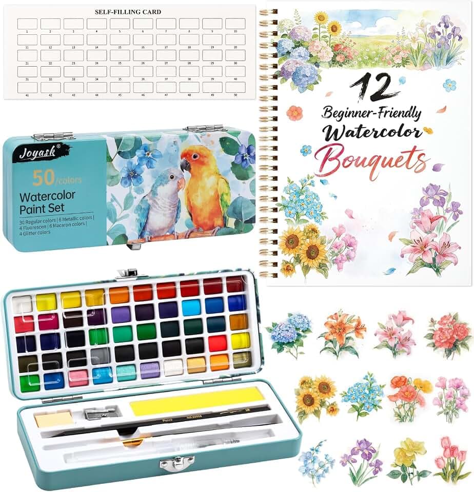 Watercolor Workbook, Water Coloring Book, 12 Different Patterns of Original DIY Designs, 50 Colors Watercolor Paint Set with Palette and Brush, Beginner-Friendly Watercolor Workbooks (Bouquets)