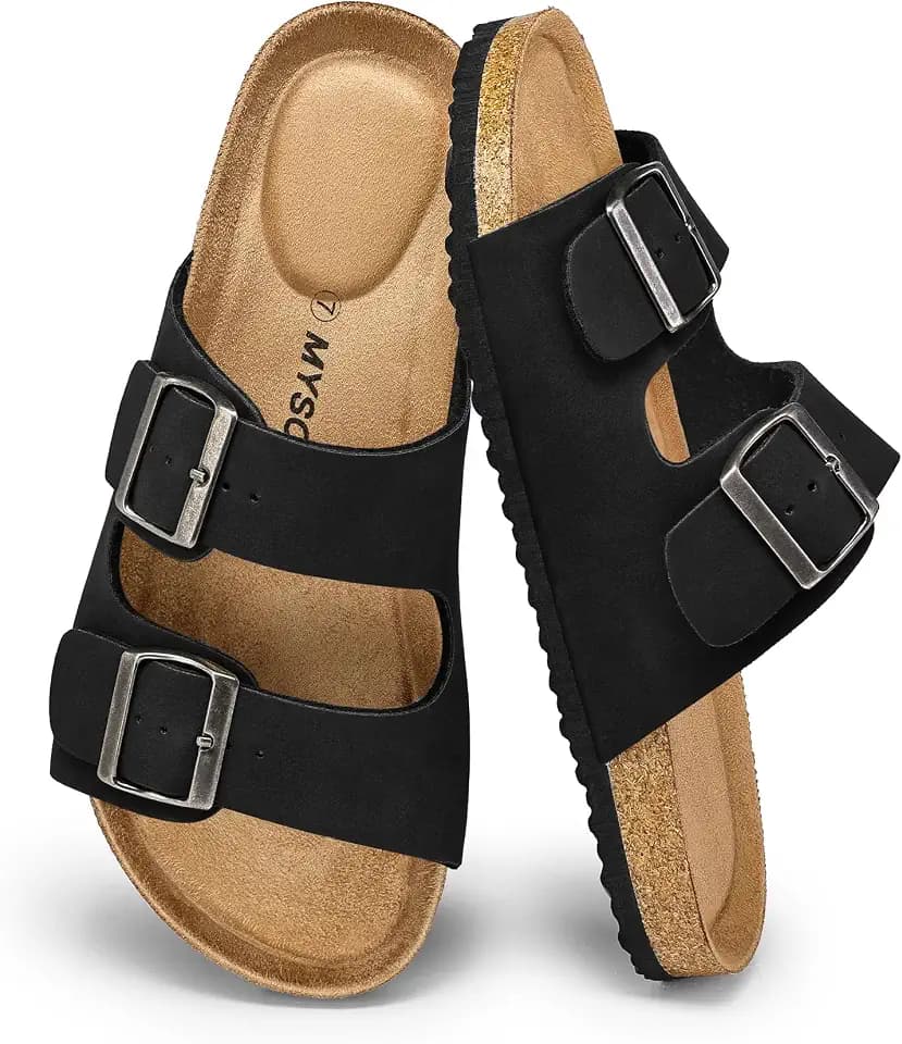mysoft Womens Flat Sandals Cork Footbed Slides with 2 Straps
