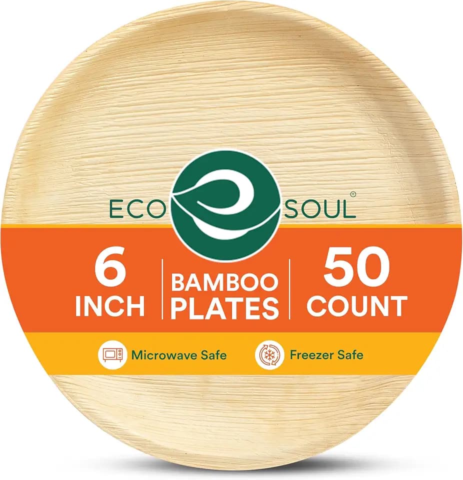 ECO SOUL 6 Inch Disposable Bamboo Plates (50 Pack, Round)
