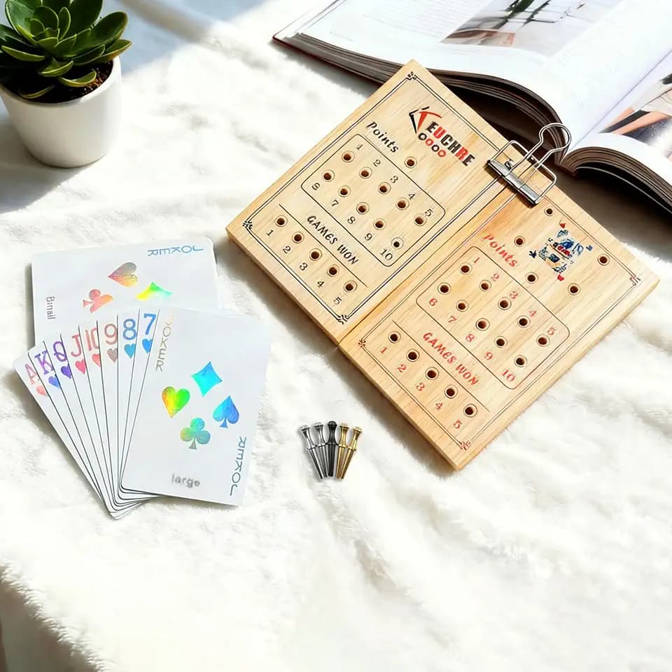Euchre Score Keeper Box – Portable Family Game Night Set with Holographic Euchre Cards, Metal Pegs & Storage Bag, Beginner-Friendly for Travel & Home