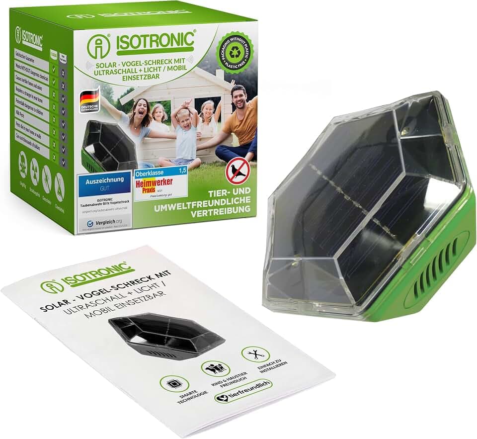 ISOTRONIC Solar Vogelabwehr mit Blitz & Ultraschall – Vogelschreck zur Abwehr von Tauben, Spatzen, Möwen & Krähen – Taubenabwehr für Balkon & Garten – Vogelvertreiber 150m² Wirkungsbereich (1 Stück)