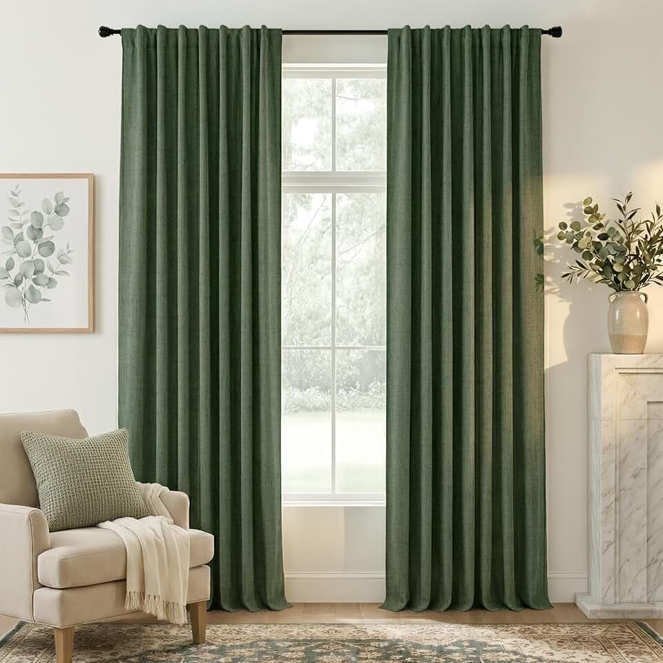 RYB HOME Olive Green 100% Blackout Linen Curtains 90 Inch Long for Office