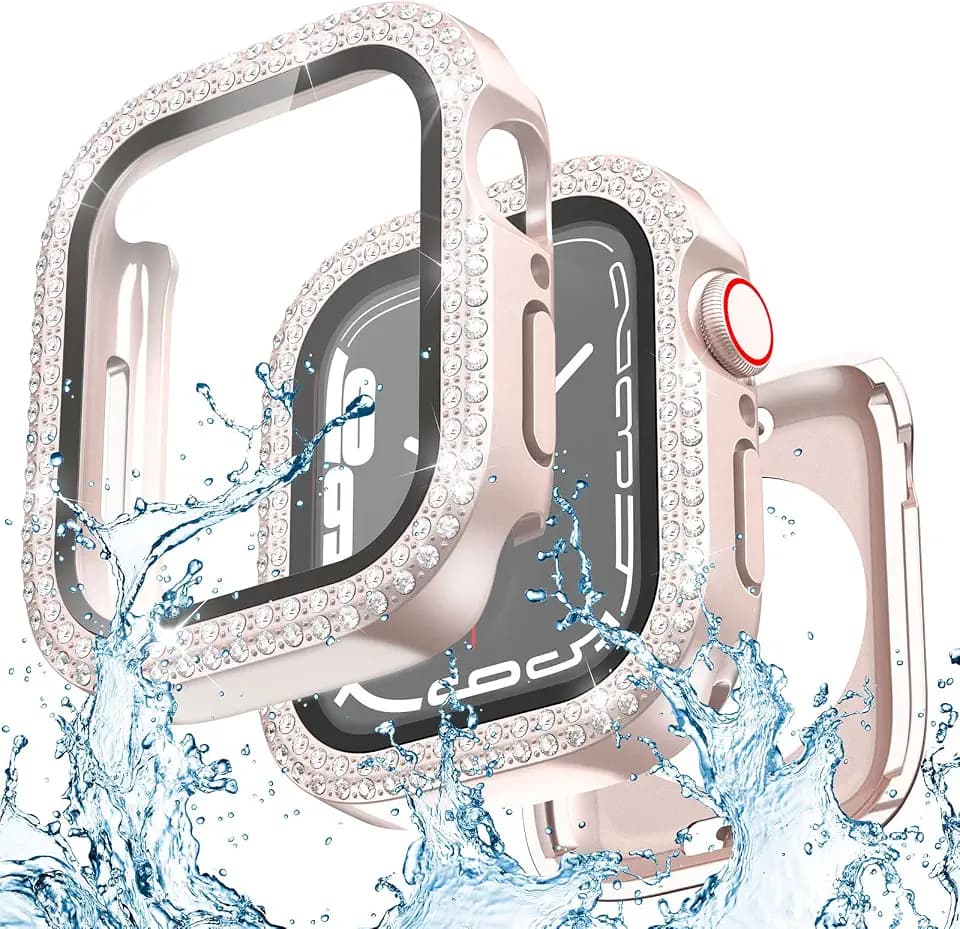 2 in 1 wasserdichte Glitzer Hülle Kompatibel für Apple Watch 45mm Displayschutz Serie 8/7, iWatch Schutzhülle mit Diamant Bling Strass Gehäuse Zubehör 360° Vollschutz - 45mm Rosérosa