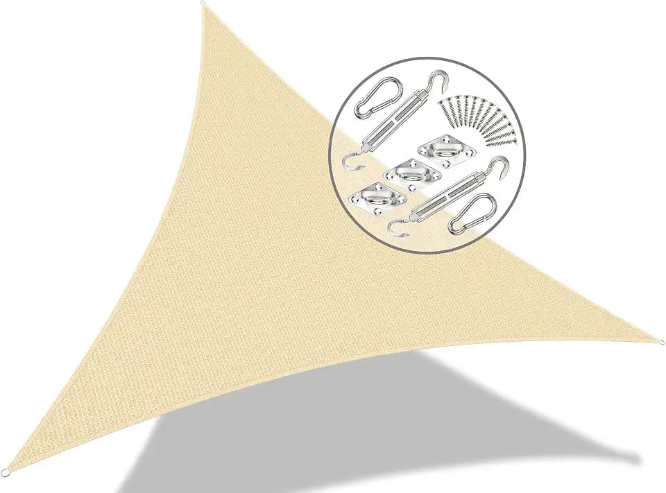 VOUNOT® Sonnensegel Dreieckig mit Befestigung Set, Sonnenschutz Atmungsaktiv und UV Schutz, für Balkon Garten Terrasse, 5x5x5m, Elfenbein