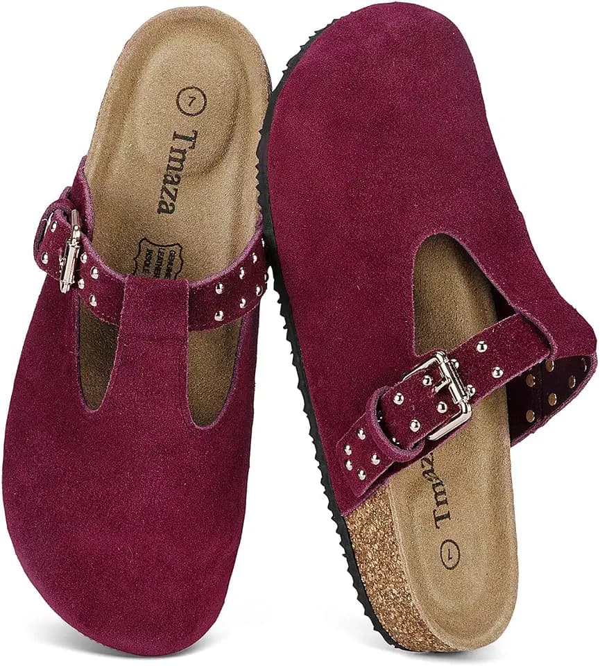 Womens 100% Genuine Suede Mary Jane Clogs Arch Support
