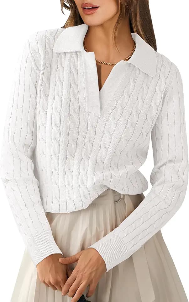 ANRABESS Womens Cable Knit Sweaters Long Sleeve Polo Fall Outfits