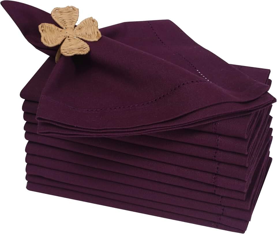 Bedding Craft Cotton Dinner Napkins Set of 12, 18x18, hemstitched, Plum