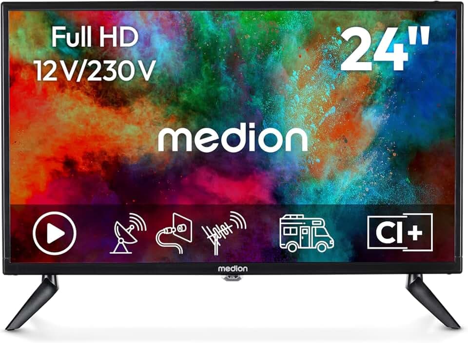 MEDION 59,9 cm (24 Zoll) Full HD Fernseher (perfekt für Camping Wohnmobil LKW Garten, 12V KFZ Car-Adapter, Triple Tuner Receiver, HDMI, USB, MD 824000)