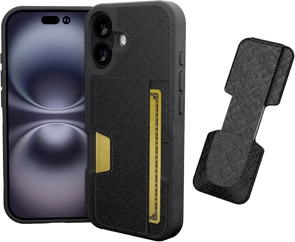 Smartish® iPhone 17 Wallet Case + Phone Grip Finger Loop - Wallet Slayer Vol. 2 [Slim + Protective] Credit Card Holder + Pop Out Ring Kickstand for Apple iPhone 17 - Black Tie Affair
