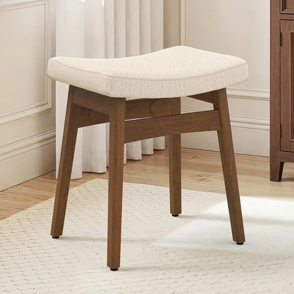 LUE BONA Vanity Saddle Stool with Wood Legs, 17.3" H Compact Makeup Stool with Saddle Upholstery, Vanity Bench for Bedroom, Entryway & Bathroom, 300 lb Weight Capacity