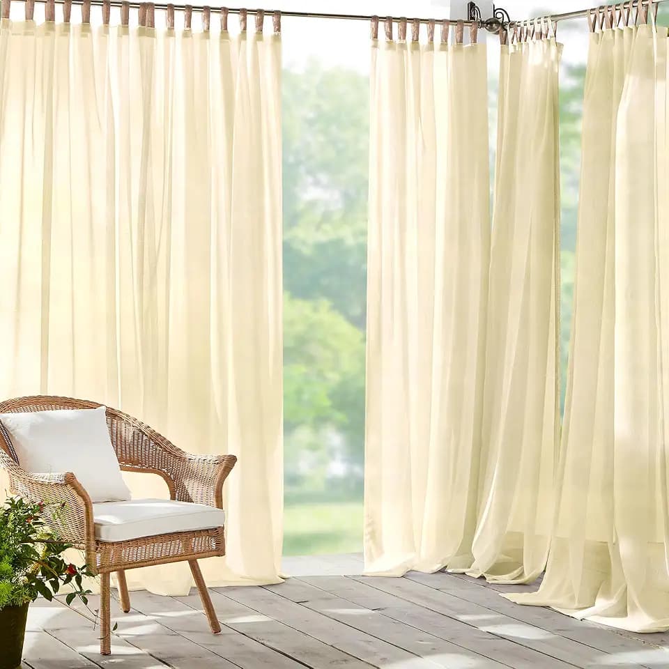 Threadmade Darien Solid Indoor/Outdoor Sheer Adhesive Loop Tab Top Window Curtain Panel, Natural - 52" W x 108" L