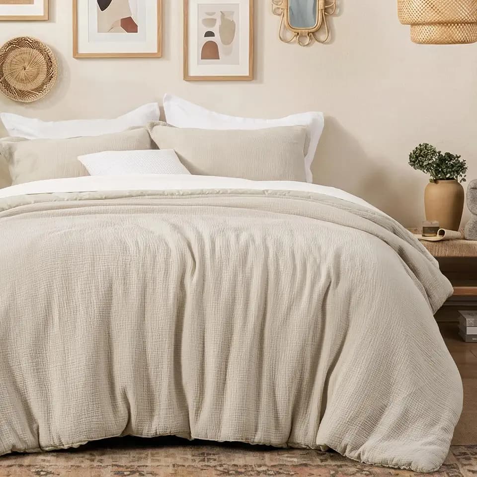 David's Home Cotton Muslin Comforter Set, King Size Ultra‑Soft Breathable Summer Bedding, 3Pcs Lightweight 100% Cotton Cover with Polyester Fill, 1 Linen‑Like Comforter & 2 Pillow Shams, Natural