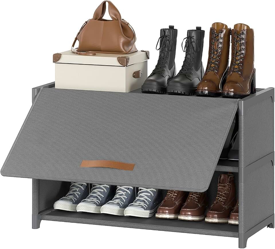 3 Tier Shoe Cabinet with Door, 12-Pair Storage, Grey