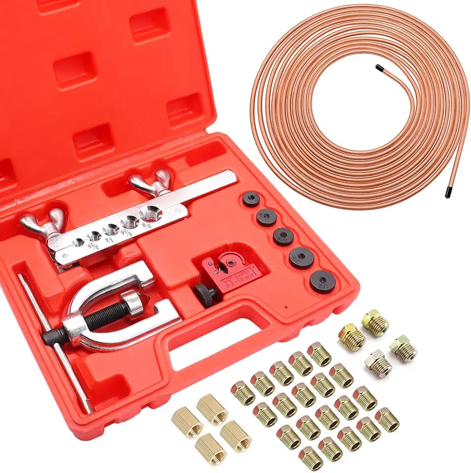 25 ft 1/4Inch Copper Coated Brake Line Kit(Includes 24 Fittings and 4 Unions) with Double & Single Flaring Tool Kit