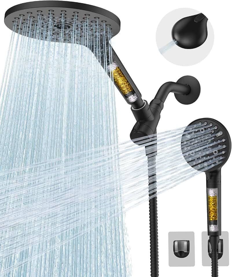 Dual Filtered Shower Heads Combo, High Pressure Rain Shower Head with Handheld Spray Built-in Power Wash, Dual Handheld Shower Head for Hard Water, Remove Chlorine for Healthier Skin-Black