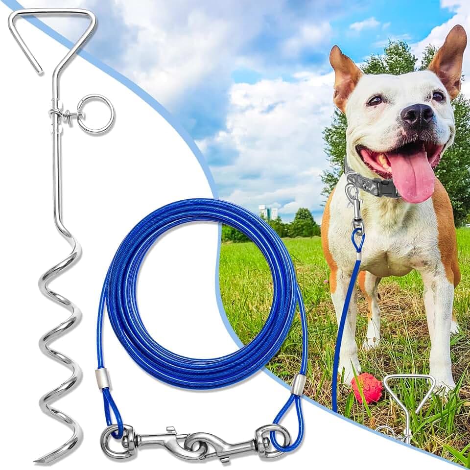 BINGPET Dog Tie Out Cable and Stake, 25ft Heavy Duty Dog Leads for Yard