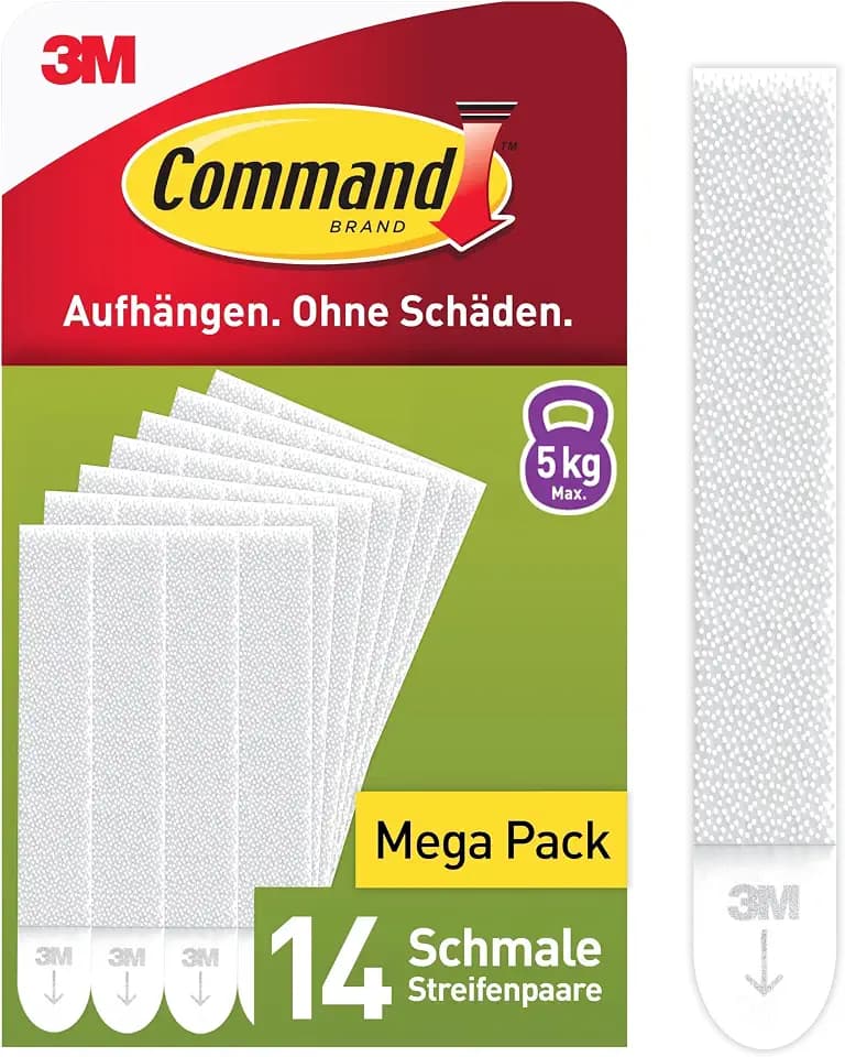 Command Klebestreifen, Vorteilspack 14x2 Schmal (28 Strips), Weiß - Bilder Aufhängen ohne Bohren, Streifen halten bis zu 5 kg, Rückstandsfreies Ablösen
